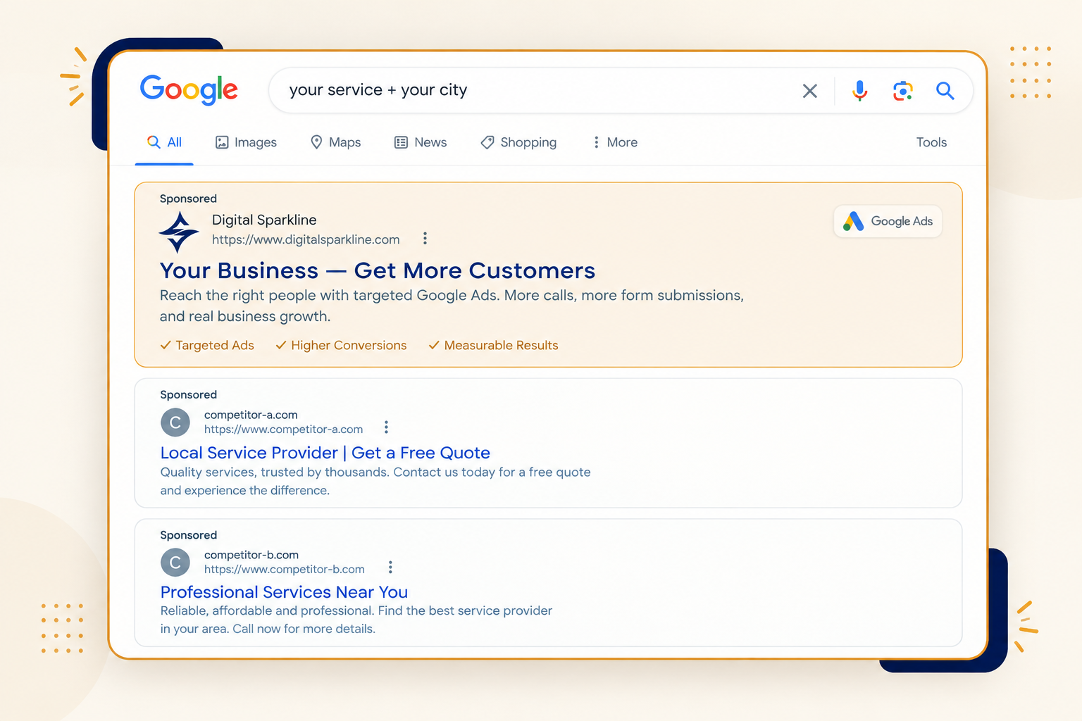 Illustrative Google search results showing a Digital Sparkline sponsored ad